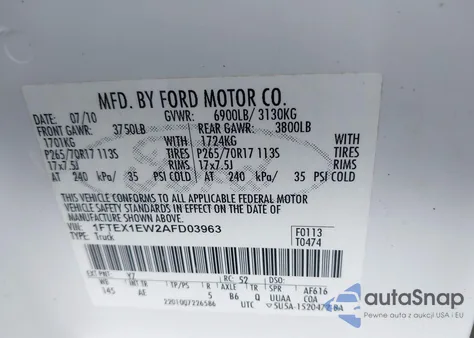 2010 Ford F-150 Stx/Xl z USA, uszkodzony, nr VIN 1FTEX1EW2AFD03963